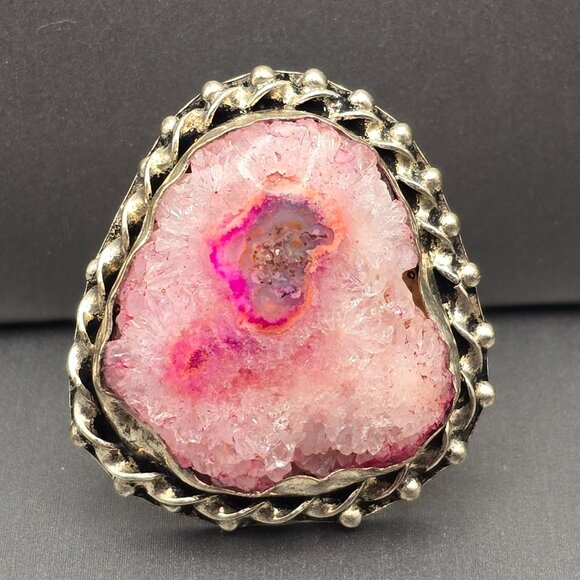 925 Sterling Silver Plated Druzy Quartz Ring Size 7 Bezel Setting Statement - Picture 1 of 12